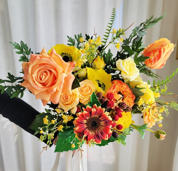 Premium Silk Flower Bouquet Yellow Orange Theme Bouquet With Etsy