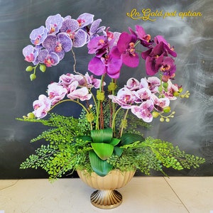 Luxury artificial purple Phalaenopsis orchids in a silver mercury glass, silk butterfly orchids in a silver glass vase, unique orchids pot
