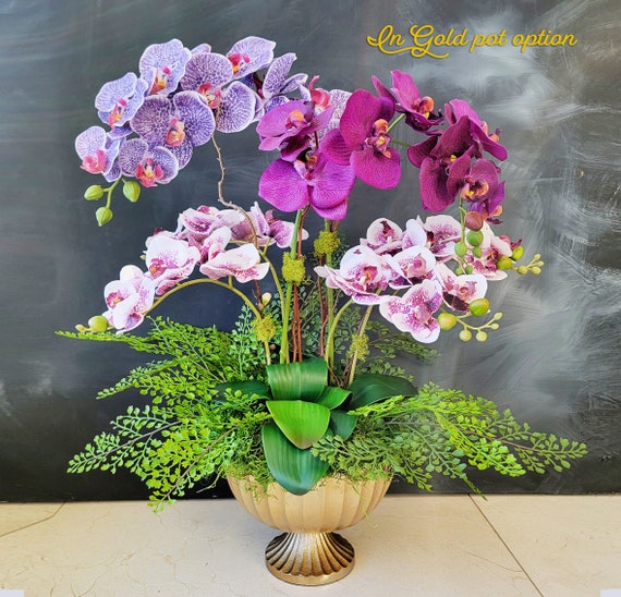 Flores artificiales, orquídeas artificiales con maceta blanca, arreglos  florales de Phalaenopsis, orquídeas falaenopsis artificiales con hojas