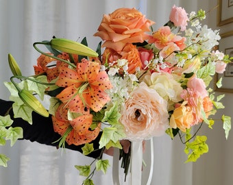 Premium silk flower bouquet, Bridal bouquet, forever flower bouquet, orange theme bouquet, orange lily bouquet, real touch flower bouquet