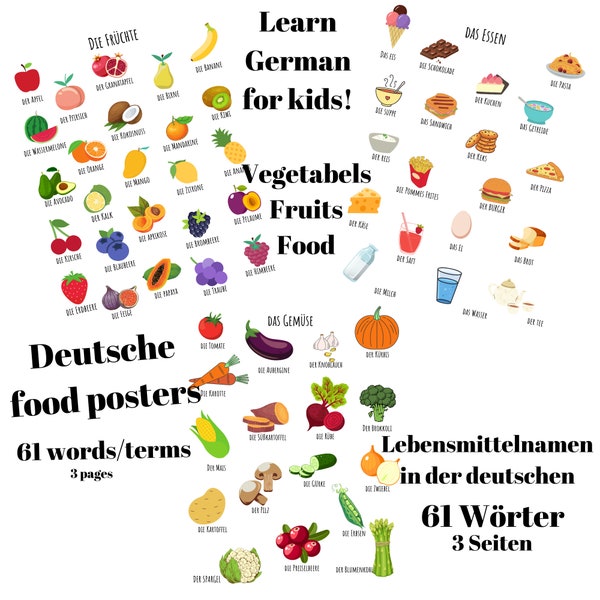 Food, Vegetable and Fruits posters in German for kids. Learn Deutsche for toddlers and kids. deutsche lebensmittelnamen für kinder