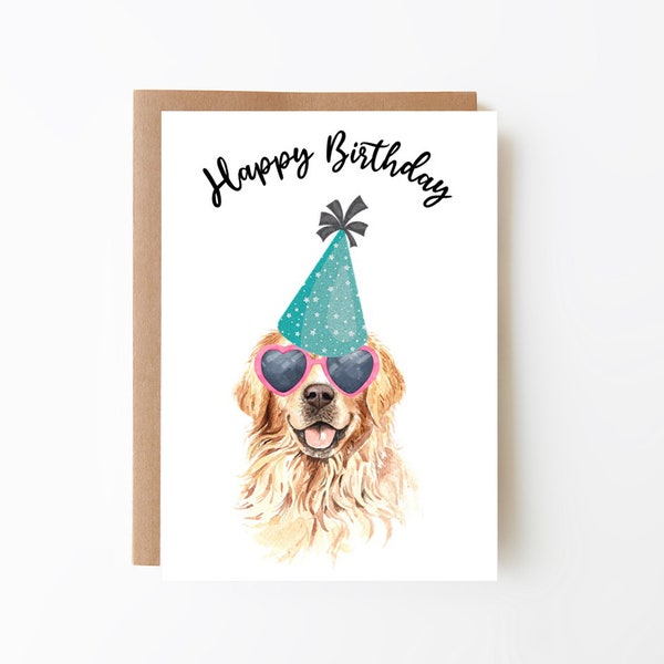 Happy Birthday, Golden Retriever, Party Hat, Greeting Card, Dog, Digital Download, Printable, Free Printable Envelope Template Included