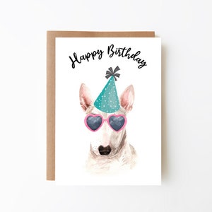 Gelukkige verjaardag, Engelse Bull Terrier, feestmuts, wenskaart, hond, digitale download, afdrukbaar, gratis afdrukbare envelopsjabloon inbegrepen