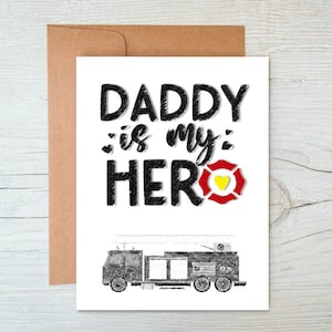 Brandweerman, mijn papa is mijn held, Vaderdag wenskaart, papa's verjaardag, digitale download, gratis afdrukbare envelopsjabloon inbegrepen