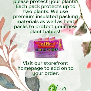 Op de afbeelding: Afbeelding van een roze en paars UniHeat Multi-Purpose Mega Shipping Warmer-pakket. Tekst adviseert planten te beschermen onder 10&deg;C. De afbeelding bevat ook het L & J Plant Nursery-logo en bloemmotieven.