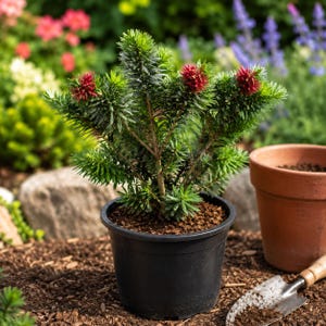 May include: A small evergreen plant with vibrant green foliage and bright red, bottlebrush-like flowers. The plant is potted in a black plastic container, set against a blurred garden backdrop with other plants and a terracotta pot.