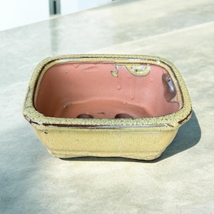 May include: A rectangular bonsai pot with a light yellow exterior and a pink interior. The pot has a textured surface and a slightly raised rim. The pot has three drainage holes at the bottom. The pot is sitting on a light gray surface.