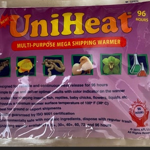 May include: A purple UniHeat multi-purpose mega shipping warmer. The package features the text "UniHeat" in yellow and orange, along with images of a fish, snake, chick, flower, and beakers. It provides a minimum surface temperature of 100°F (38°C) for 96 hours.