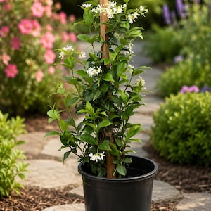 May include: A potted jasmine plant with white flowers and green leaves, supported by a wooden stake. The plant is in a black plastic pot, set on a stone pathway in a garden setting. Pink flowers are visible in the background.