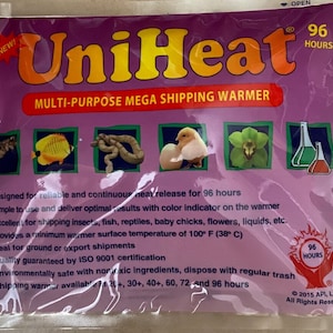 May include: A purple UniHeat shipping warmer package with the text "UniHeat" in yellow and "96 HOURS". The package features images of a fish, insects, a chick, and flowers. It is designed for reliable heat release.