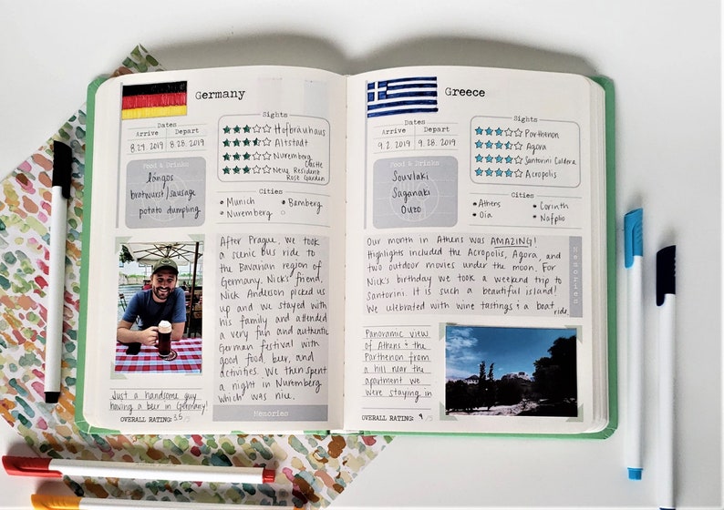 May include: A travel journal with handwritten notes and photos from trips to Germany and Greece. The journal includes dates, ratings, and highlights of each trip. The German page features a photo of a man enjoying a beer in a beer garden. The Greek page features a photo of a scenic view.