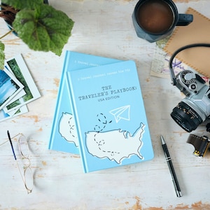 Puede incluir: Un diario de viaje azul con el t&iacute;tulo "The Traveler's Playbook: USA Edition" y un mapa de los Estados Unidos con un avi&oacute;n de papel en la parte superior. El diario est&aacute; sobre una mesa de madera blanca con una c&aacute;mara, cartuchos de pel&iacute;cula, una taza de caf&eacute; y una planta.