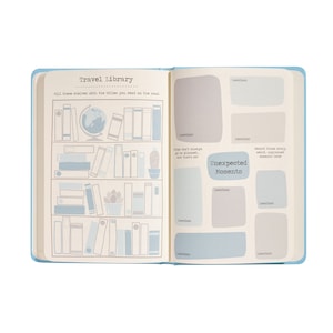 Puede incluir: Un diario de viaje abierto con una cubierta azul. La p&aacute;gina izquierda tiene una secci&oacute;n titulada "Travel Library" con una ilustraci&oacute;n de una estanter&iacute;a. La p&aacute;gina derecha tiene una secci&oacute;n titulada "Momentos inesperados" con espacios en blanco para rellenar.