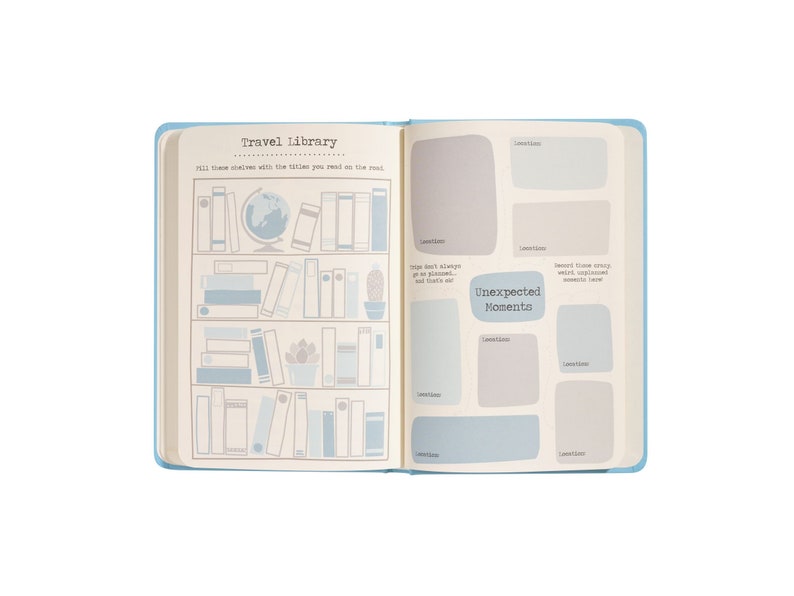 Puede incluir: Un diario de viaje abierto con una cubierta azul. La p&aacute;gina izquierda tiene una secci&oacute;n titulada "Travel Library" con una ilustraci&oacute;n de una estanter&iacute;a. La p&aacute;gina derecha tiene una secci&oacute;n titulada "Momentos inesperados" con espacios en blanco para rellenar.