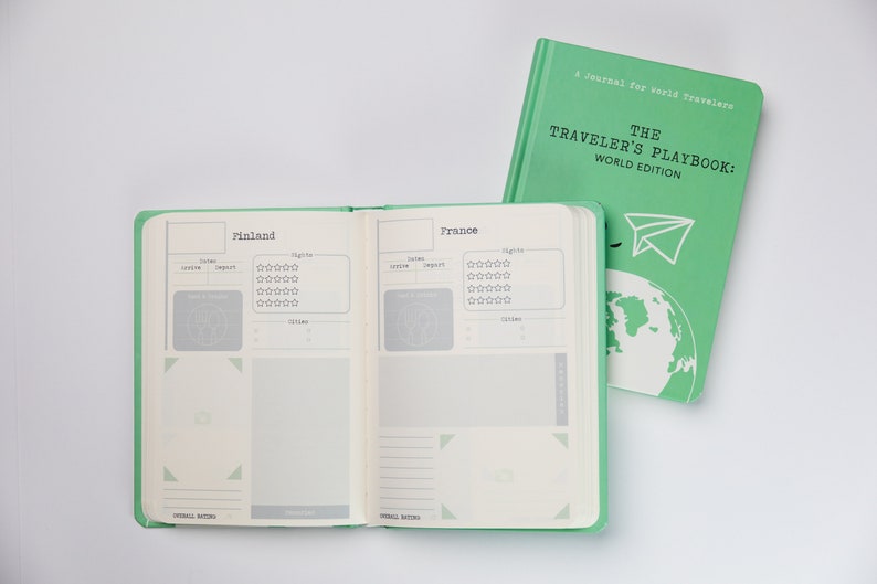 May include: An open green travel journal with the title "The Traveler's Playbook: World Edition". The journal has pages for recording travel experiences in Finland and France.