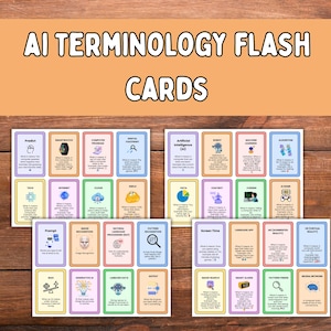Könnte beinhalten: Eine Sammlung von AI-Terminologie-Lernkarten. Jede Karte zeigt einen Begriff wie „Predict“ oder „Artificial Intelligence (AI)“ mit einer kurzen Definition und Grafik. Die Karten sind auf einer Holzoberfläche angeordnet.