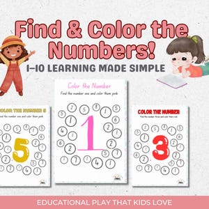 Libro di attività per il riconoscimento dei numeri (pre-scuola materna) / Trova e colora i numeri / Attività di riconoscimento e colorazione dei numeri / Materiale stampabile per la scuola materna e l'asilo
