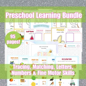 以下が含まれることがあります： 95ページのトレース、マッチング、文字、数字の活動を含む、カラフルな印刷可能な幼児学習バンドル。このバンドルには、細かい運動能力、ハサミのスキル、文字認識のための活動が含まれています。
