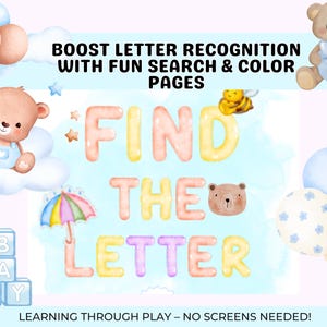 Hoja de trabajo de actividades para encontrar la letra para niños pequeños que estudian en casa / Búsqueda de letras mayúsculas y minúsculas / PDF imprimible de la A a la Z / Alfabeto de jardín de infantes