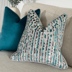 Teal Geometric Cushion Cover with Custom Piping - Luxury Bold Throw Pillow | VELLUTO