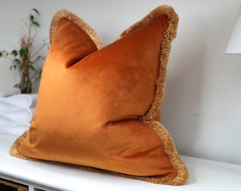 Orange velvet cushion cover. Luxury Pillows with biscuit fringe trim. home decor