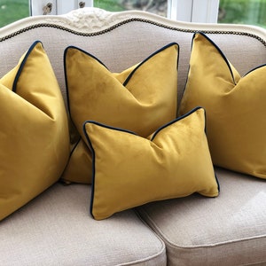 Gold/mustard/turmeric Velvet cushion cover, velvet pillow cover with piping black/blue + more