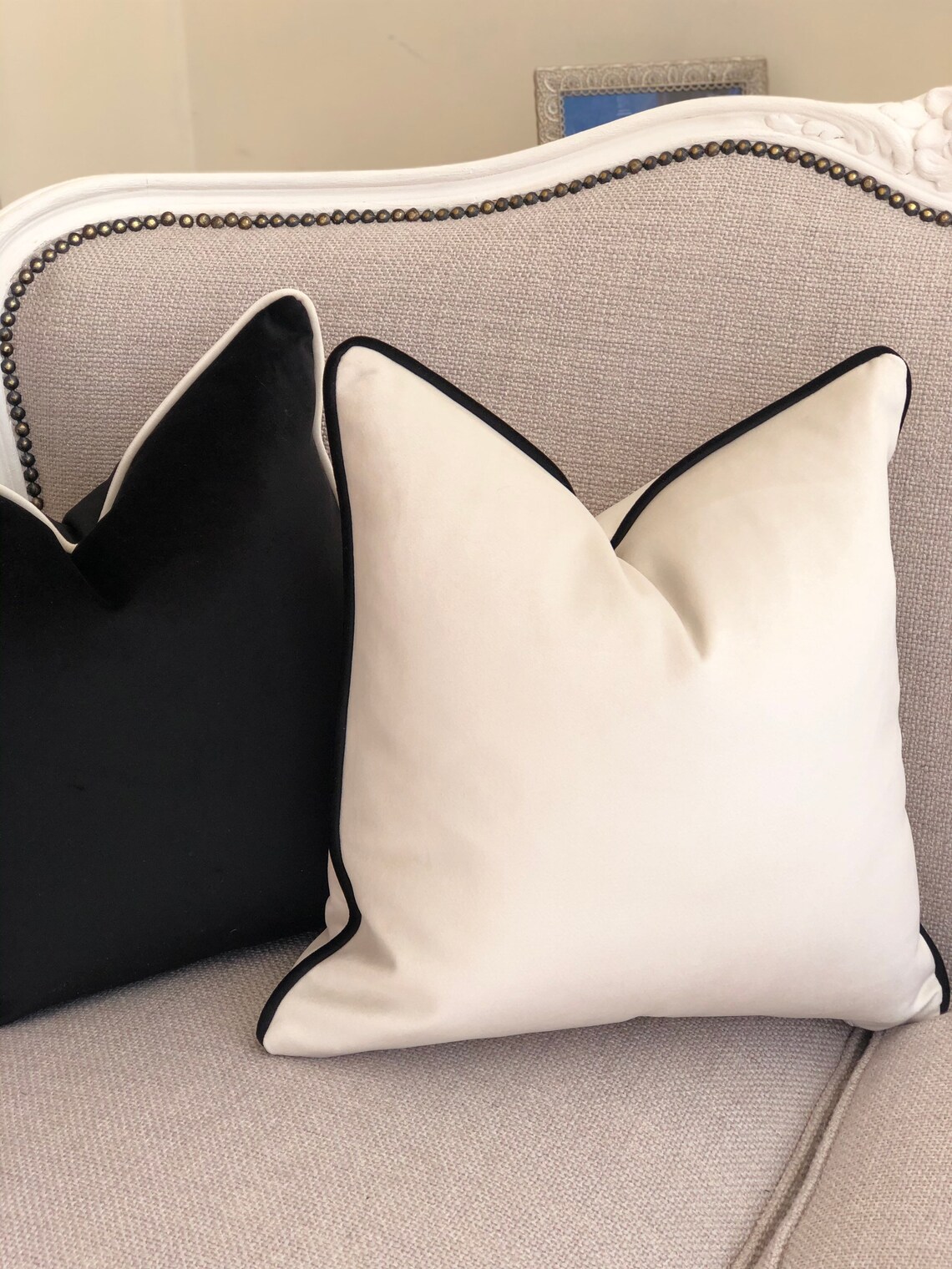 Ivory white tone velvet cushion cover with black contrast Etsy