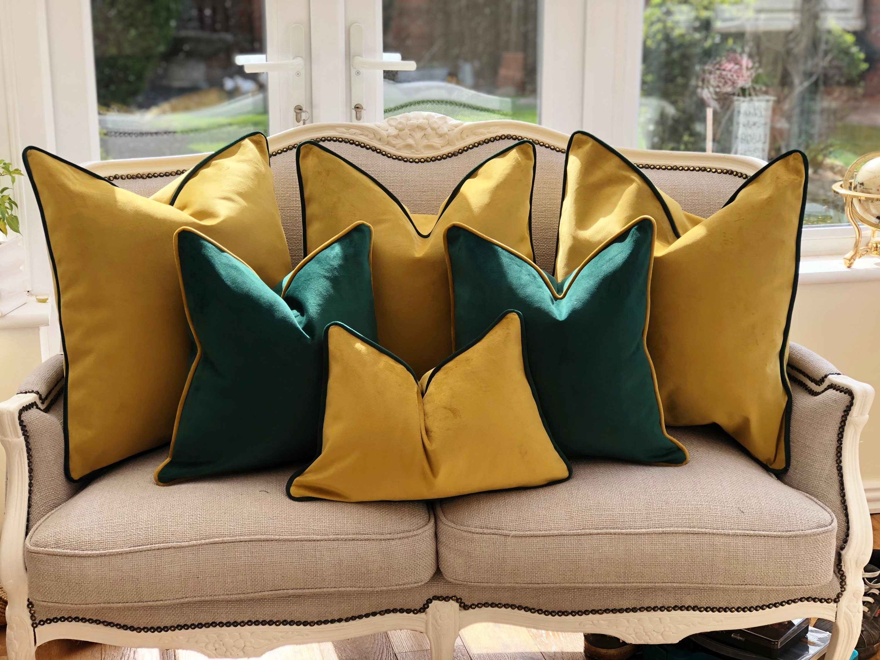 Couch Pillow Covers 18x18 Set of 4, Emerald Green and Gold Home