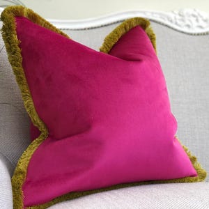 Cerise Pink Velvet Fringed Cushion Cover: Custom Size + Trim Colour
