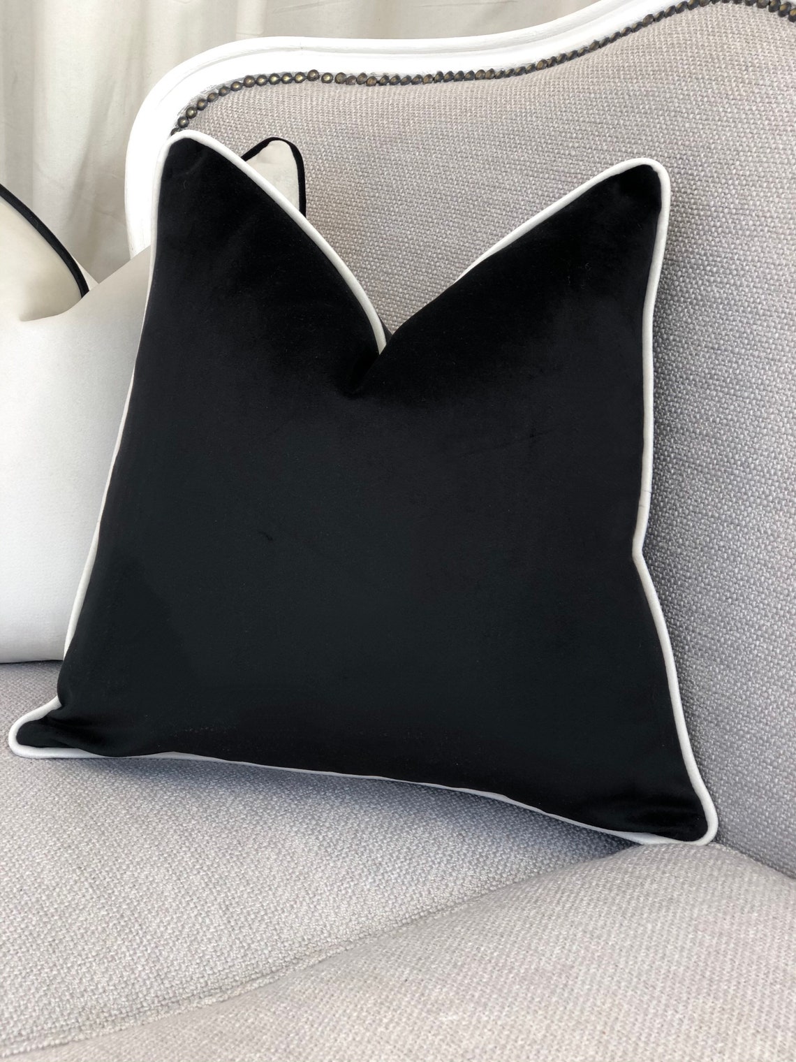 Black Velvet Cushion Cover With Ivory White Contrast Piping Etsy