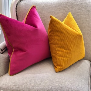 CERISE |  pink velvet cushion cover with mustard piping. Fuchsia pink pillow cover - vibrant/bright  house warming gift -pink decor - lumbar