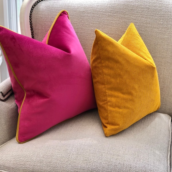 CERISE |  pink velvet cushion cover with mustard piping. Fuchsia pink pillow cover - vibrant/bright  house warming gift -pink decor - lumbar