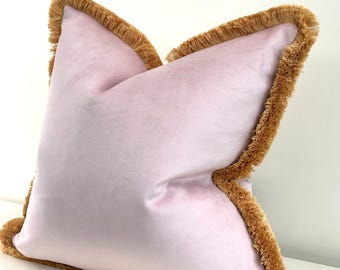 Blush Pink Velvet Cushion with Fringe - Luxury Pretty Pillow for Nursery, Sofa, chair, Bed, Couch - 33 Trim Colours - All Sizes