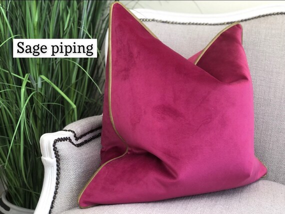 Cerise pink pillow cover with a teal piped edge. Luxury velvet - Etsy Polska