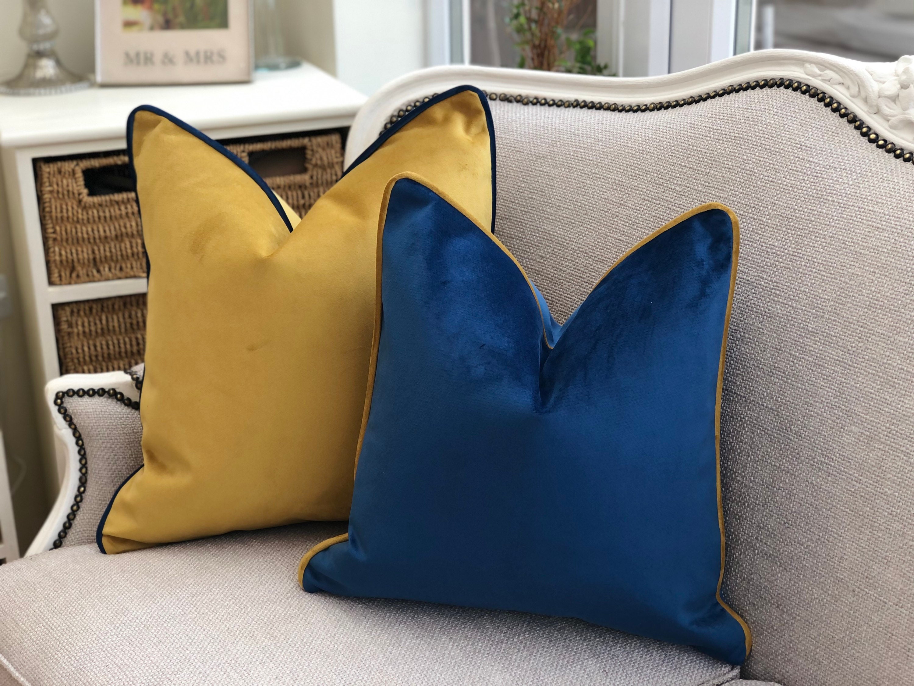 Blue velvet cushion cover with contrasting gold piping marine Etsy