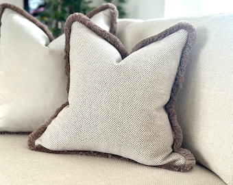 Natural and Beige Cushion Cover with Fringe - Textured Throw Pillows - Neutral Decor - Multiple Sizes & Fringe Colours - ATHENA
