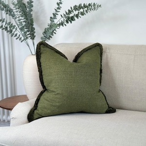 Green Cushion Cover with Fringe or Piping Trim - Earthy Home Decor - Accent Throw Pillows Multiple Sizes Trim Colours