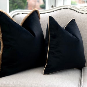 Black velvet pillow cover, black cushion cover with beige/camel piping. Lumbar/square - modern/contemporary/luxury/contrast/gift