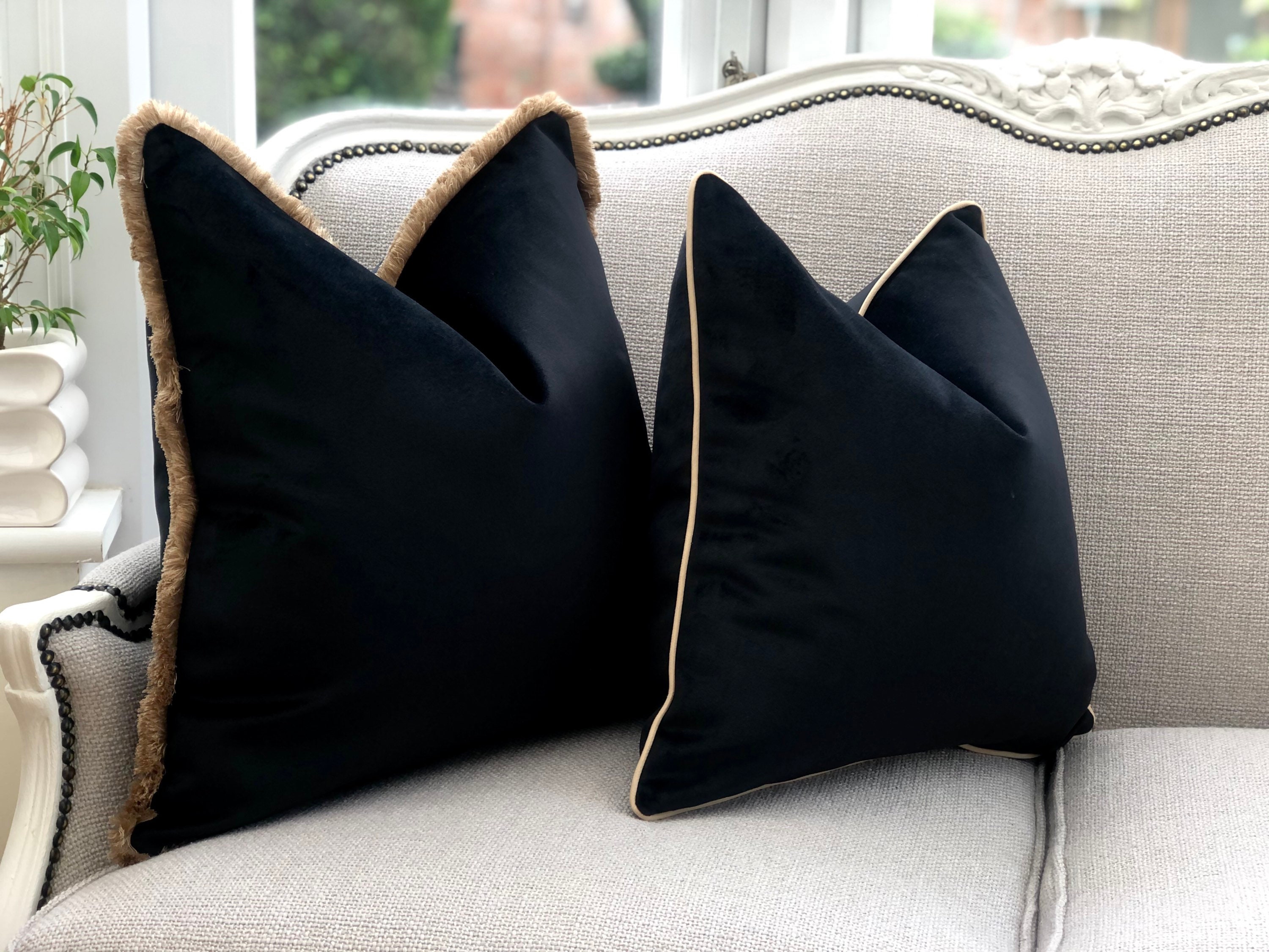 Black Velvet Cushion With Camel Piping Modern Throw Pillows for Sofa Chair Bed Multiple Sizes and Fringe or Piping Colours Available Etsy