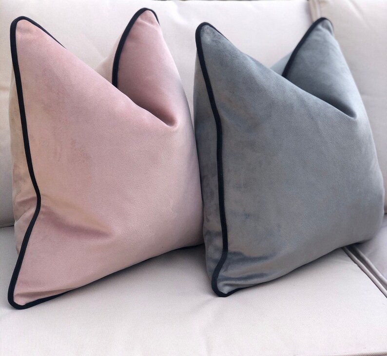 Slate Grey Velvet Cushion With Black Piping Trim Luxury Modern Throw