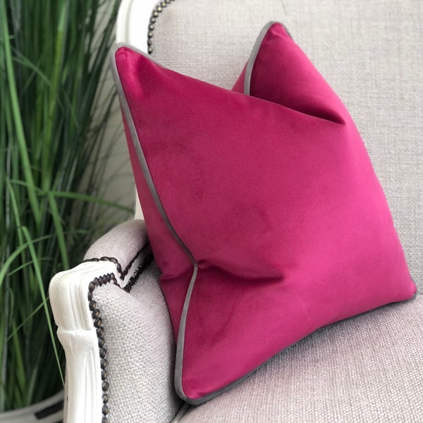 Pink velvet cushion cover with grey piping | luxury | large | modern | pretty | cerise | home interiors | custom | bespoke |