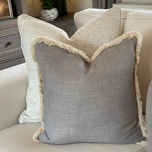 Grey Linen Look Fringed Cushion Cover: Custom Size + Trim Colour | ALBA GREY