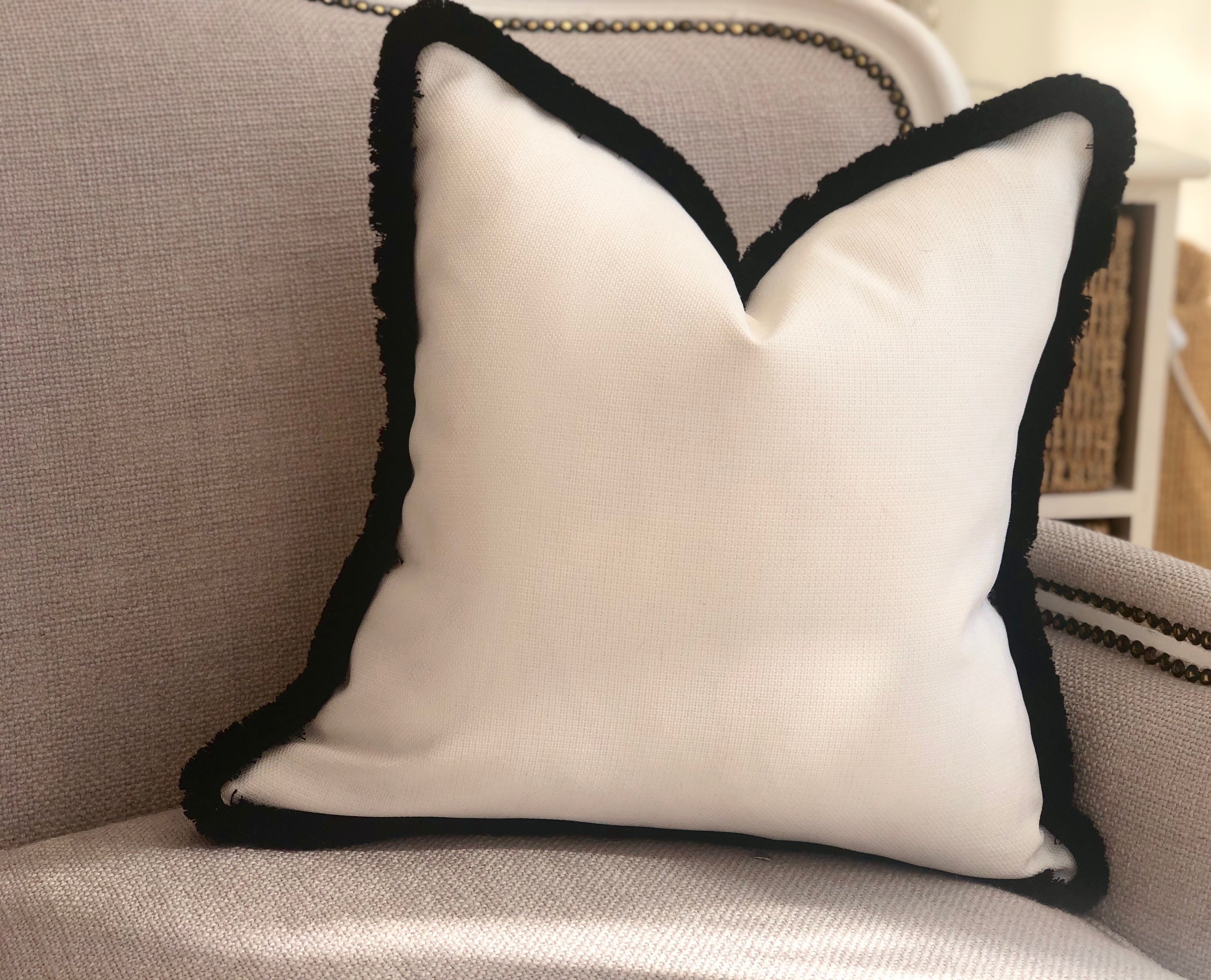 Light Cream Cushion With Black Fringe Modern Contemporary Home Decor Multiple Size Fringe or Piping Trim Colours Etsy