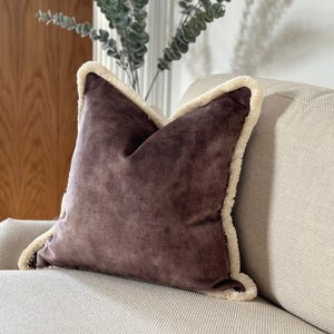 Luxury Brown Grey Velvet cushion Cover  - Neutral Throw Pillow with Fringe or Piping