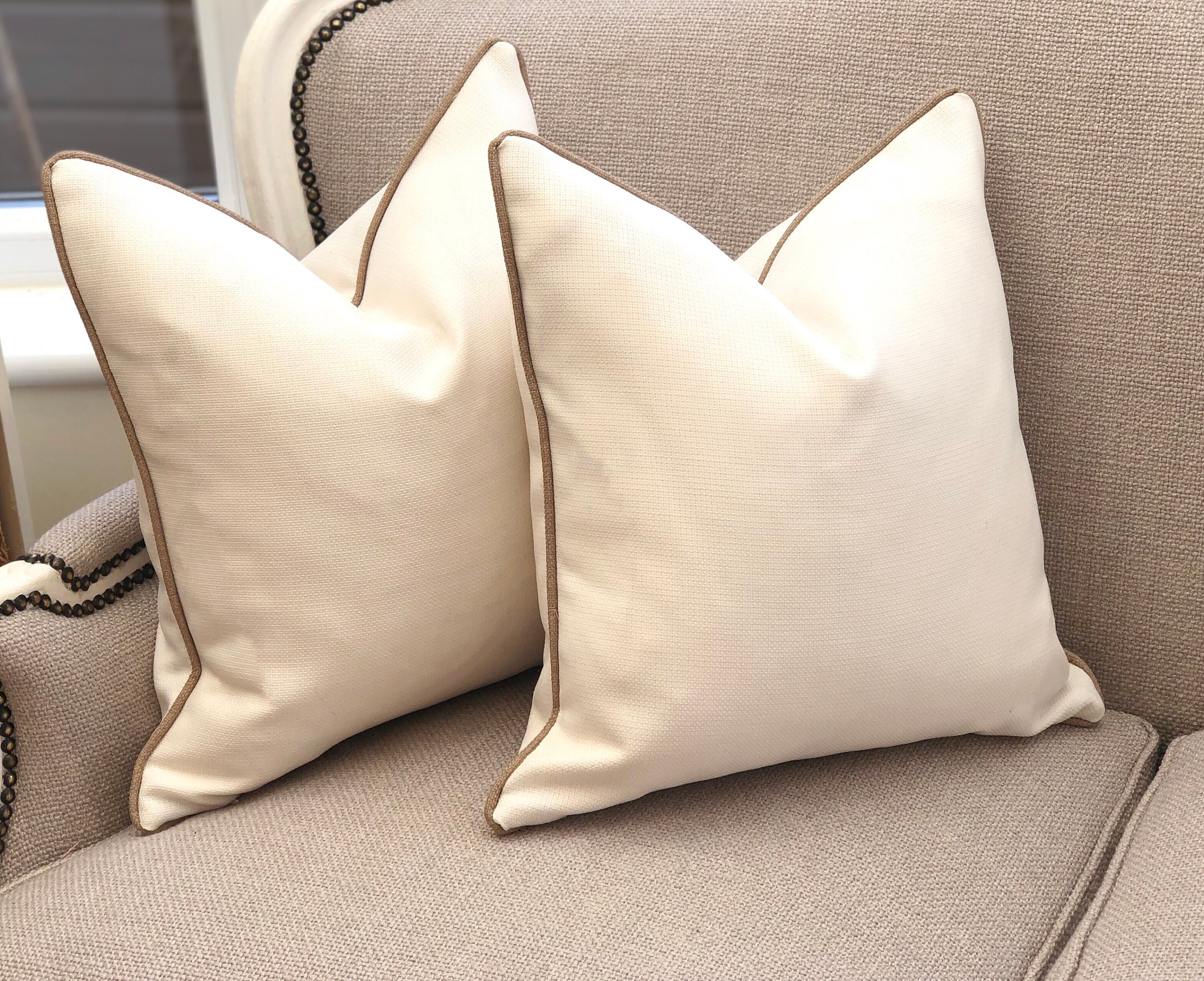 Cream/neutral linen look cushion cover with brown/beige Etsy