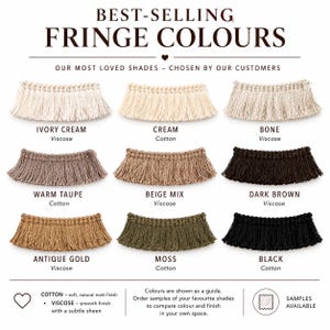 The image is a collage of nine different fringe color samples, each with a unique texture and color, arranged in a grid format. The text above the samples reads "BEST-SELLING FRRANGE COLOURS" and below the samples, it says "OUR MOST LOVED SHADES - CHOSEN BY OUR CUSTOMERS". The text also mentions that the colors shown are a guide, and customers can order samples of their preferred shades to compare color and finish in their own space.