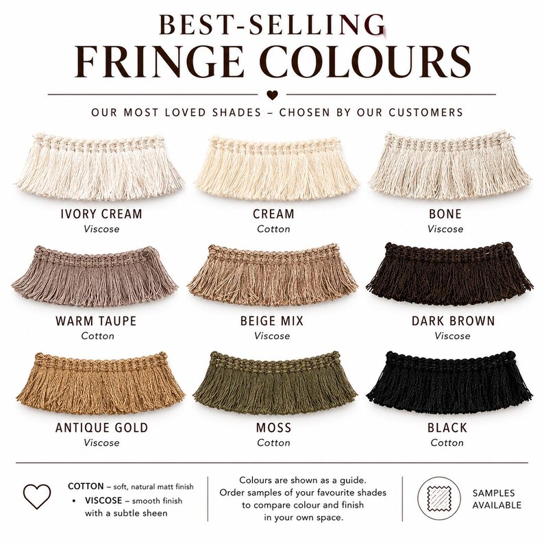 The image is a collage of nine different fringe color samples, each with a unique texture and color, arranged in a grid format. The text above the samples reads "BEST-SELLING FRRANGE COLOURS" and below the samples, it says "OUR MOST LOVED SHADES - CHOSEN BY OUR CUSTOMERS". The text also mentions that the colors shown are a guide, and customers can order samples of their preferred shades to compare color and finish in their own space.