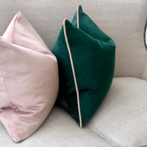 Green velvet pillow cover with blush pink piping modern home decor accent cushion covers for bed,sofa,chairs more size & trim colours image 2