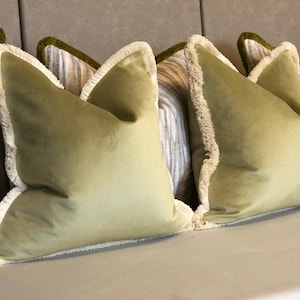 Sage Green Velvet Cushion Cover with Fringe: Custom Size + Trim Colour