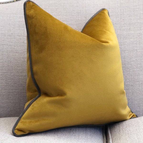 Mustard Gold Velvet Cushion Cover with Piping or Fringe  - Luxury Decorative Pillow - Multiple Trim Options  Sizes